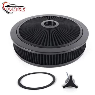 High Flow 14"x3" Black Round Thru Washable Air Cleaner w/ Chrome Lid For SBC BBC - Image 1 of 4