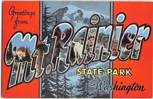 MT. Postal vintage RAINIER Washington State Park letra grande lino década de 1940 - Imagen 1 de 2