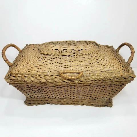 Antique Lidded Basket Sewing Handles Twisted Trim Gold Paint Cover