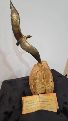 Bijan Signed Brass Seagull Sculpture Natural Stone Base - Rare ART DECO w/ COA - image 1 of 4