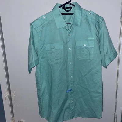 Camisa Sean John Verde Calce Original Lino Algodón Talla L Logo Abotonada Para Hombres con Foto 1 de 4