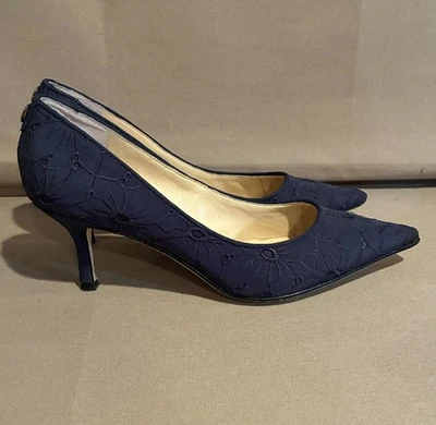 Designer Ivanka Trump Navy Blue Lacy Eyelet Fabric Kitten Heel Pumps Size 8M - Image 1 of 4