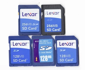 Lot Of 5x Lexar 128MB / 256MB MEGABYTE SD Camera Memory Cards - Picture 1 of 1