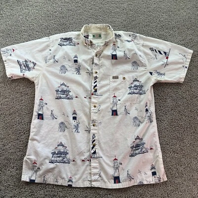 VINTAGE GPS Global Tracking Shirt Mens L White AOP Lighthouses Button Up FLAW - Image 1 of 4