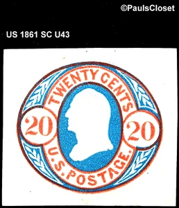 US 1861 SC U43 GEORGE WASHINGTON 20¢ ROT & BLAU AUF BUFF PAPIER MVLH Sehr schön - Bild 1 von 2