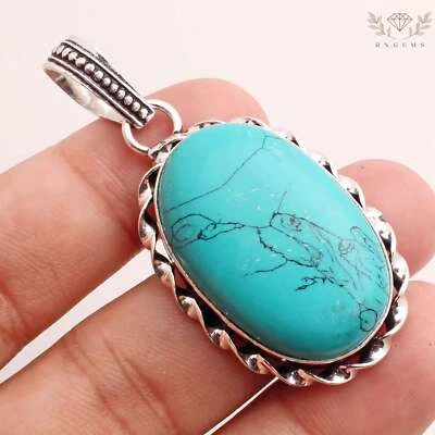 Turchese Gemma 925 Ciondolo Placcato Argento Handmade Gioielli Regalo 4.2cm - Immagine 1 di 3