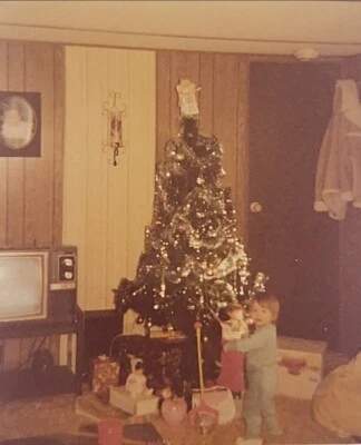 Vintage Old Color Photo 80's Christmas Tree Toddler Baby Girl Playing With Toys - Image 1 of 3