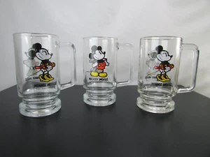 3 Vintage Mickey and Minnie (2)Mouse Heavy Clear Glass Beer Mugs Walt Disney Set - Picture 1 of 16