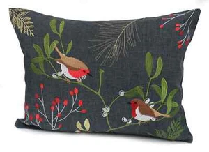 Winter Robins Embroidered Christmas Cushion - Pewter/Multi - 33cm x 45cm - Picture 1 of 1