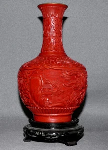 Chinesische Lack-Vase, rot, Messing,blau emailliert, Mitte 20. Jhd. ,18 cm - Picture 1 of 14