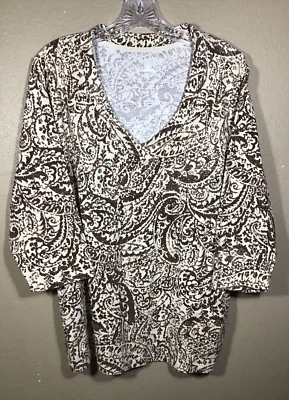 Top St John Bay para mujer talla 3X manga 3/4 marrón y crema escote redondo tejido suave 5 Foto 1 de 4