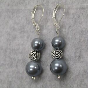 Silver Black Glass Pearl Earrings Dangle Drop