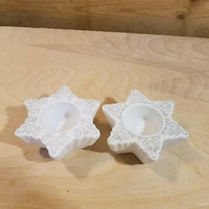 White Snow Flake Candle Holders Ceramic Pair of 2 Partylite - Swanky Barn - Picture 1 of 12