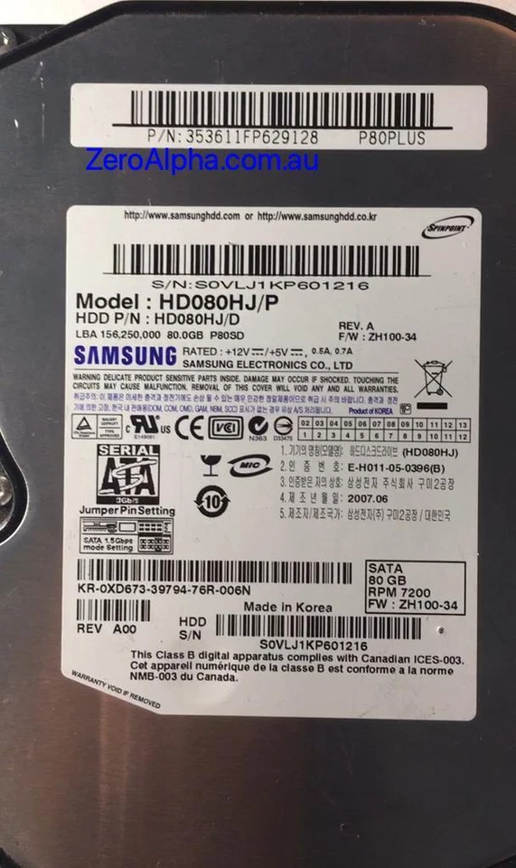 HD080HJ/P Samsung Donor Hard Drive, PN: 353611FP629128, ZH100-34 - Image 1 of 1