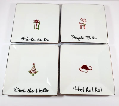 Juego de cuatro platos de cóctel de Navidad con adornos plateados cuadrados de porcelana de San Nicolás Foto 1 de 4