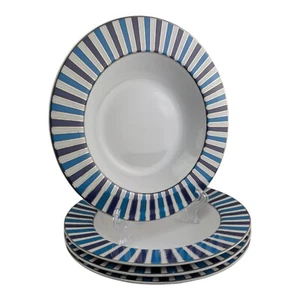 VTG Jonathan Adler Platinum Stripe Rimmed Bowls Set of 4, 9" D - Picture 1 of 12