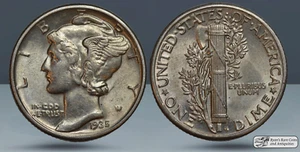 1935 Mercury Dime, Almost Uncirculated+, Full Split Bands, FSB, Silver, C7685 - Picture 1 of 3