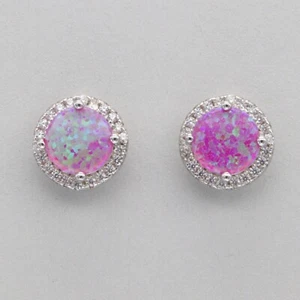 Pink FIRE OPAL Round Stud / Post Earrings 24 CZ 925 STERLING SILVER Rhodium 685e - Picture 1 of 10