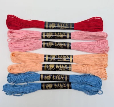 Mixed Lot Of 7 Lily 6 Strand Embroidery Floss Boilproof Vintage Peach Pink Blue - Image 1 of 2