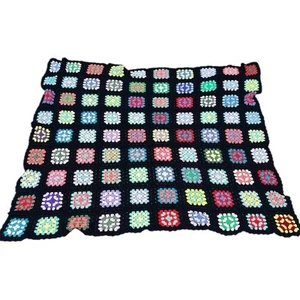 Vintage Handmade Granny Square Afghan Blanket Rainbow 1980s Black Rainbow Couch - Picture 1 of 3