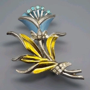 Prendedor de Colección Coro Flor Piel Clip Azul Estrás Amarillo Esmalte Tono Plata SIN FIRMAR - Imagen 1 de 8