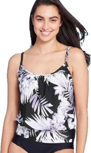 Kona Sol Womens Floral Tankini Swim Top 20W Black White Removable Cups Adjustabl - Picture 1 of 6