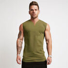 Men's V Neck Sleeveless T-Shirt Sports Gym Tank Vest Solid Fitness Slim Tops Tee