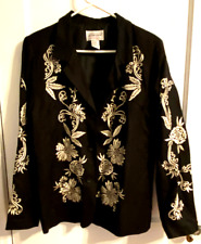 Victor Costa Occasion Womens Jacket Size L Linen Blend Embroidered Black Ivory