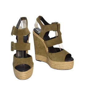 Pierre Hardy Army Green Suede Leather Wedge Strappy Sandals Platform Shoes Sz 41 - Picture 1 of 9