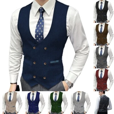 Mens Suits Double-breasted Waistcoats Vintage Tweed Retro Vests Wool Herringbone - Photo 1/4