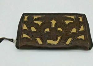 Billetera de cuero suave con cremallera marrón oscuro y bronceado claro - Imagen 1 de 3