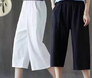 Womens Straight Leg Wide Capri Pants Cotton Linen Blend Breathable Trousers New - Picture 1 of 14