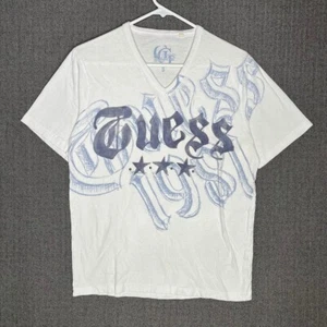 Guess Tshirt Men's Small White Graphic Print Y2K Spell Out Logo Grunge Vneck - Picture 1 of 7