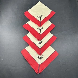 Vintage Leinen bestickt rote Borte Cocktail Servietten 10 1/4 Zoll Quadrat 4-teiliges Set - Bild 1 von 9