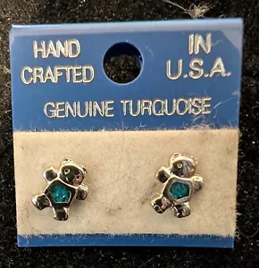 Earring Turquoise and Coral Chip Inlay Teddy Bear Nickel Silver Post Earrings - Picture 1 of 2