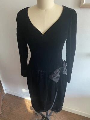 Vintage Black Velvet Wrap Dress Union Label Size 12 Fabric Bow V-Neck Chest 34” - Image 1 of 4