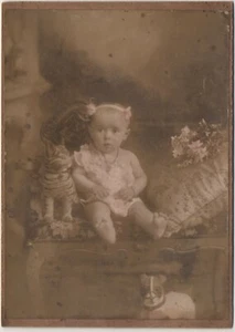 RARE ANTIQUE PHOTO CUTE LITTLE GIRL ON ARMCHAIR BY CAT & DOG STUFFED ANIMAL TOYS - Picture 1 of 2