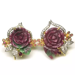 Gemma Rosso Zoizite, Zaffiro Rosa & Zircone Orecchini 925 Argento 18k Oro - Foto 1 di 4