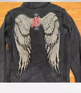 Sinful By Affliction Sz M Angel Wings Great Black Hoodie With Crystal - Picture 1 of 8