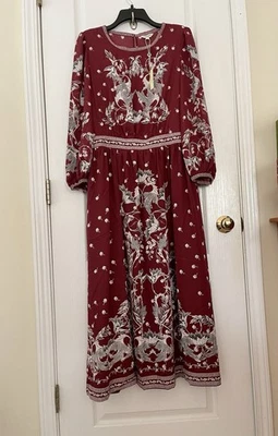 Neu mit Etikett $ 198 Max Studio Blumendruck Midikleid in Rotwein Kombi Größe L hübsch! - Bild 1 von 4