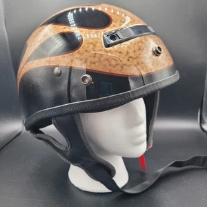 Vega DOT Certified Half Size Motorcycle Helmet Black With Gold Flames Sz M - Picture 1 of 9