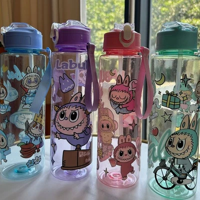 Transparent Labubu 900ml Water Bottle - Leakproof Plastic Straw Cup - 4 Colours