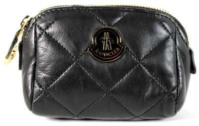 MONCLER Negro Acolchado Piel de Cordero Cuero Logo ESTUCHE DE BELLEZA Pequeño Bolso con Cremallera Foto 1 de 4