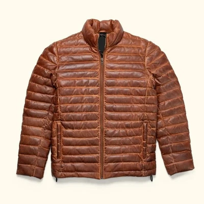 Men's Puffer Brown Soft & Smooth Authentic Lambskin Real Leather Vest & Jacket - Image 1 of 2