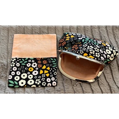 Nuevo juego de bolsa y monedero japonés hecho a mano, forro floral y rosa negro Foto 1 de 4