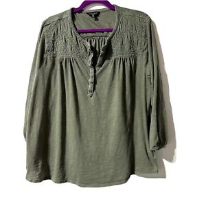 Lucky Brand Women’s Top Embroidered Boho 3/4 Sleeve Olive Green Size 2X