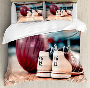 Ensemble de couvertures de couette de fête de bowling avec oreiller faux chaussures imprimé boule violet