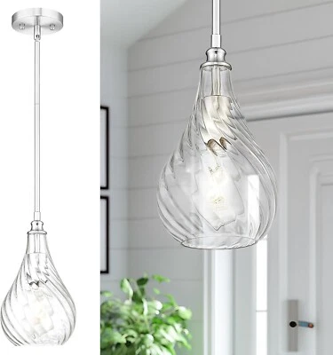 Mini Pendant Light Brushed Nickel Clear Striped Glass 6.3" Diam Farmhouse New - Image 1 of 4