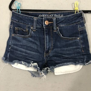 American Eagle Hi Rise Shortie Cut Off Dark Blue Distressed Shorts Womens Size 2 - Picture 1 of 12