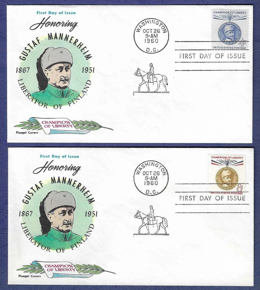 1960 FDC Champion of Liberty-Gustaf Mannerheim issue #1165-6 Fluegel cachet - Image 1 of 1